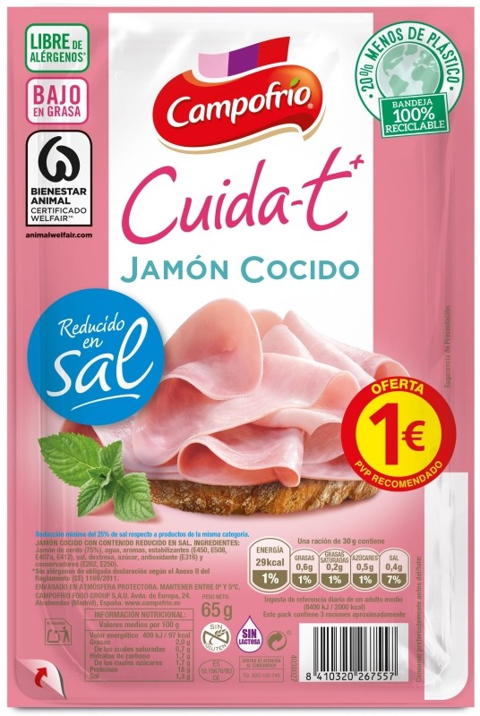 Campofrío Cuida-t+ Jamón Cocido Bajo en Grasa, Reducido en Sal 65g Campofrío Cuida-t+ Jamón Cocido Bajo en Grasa, Reducido en Sal 65g