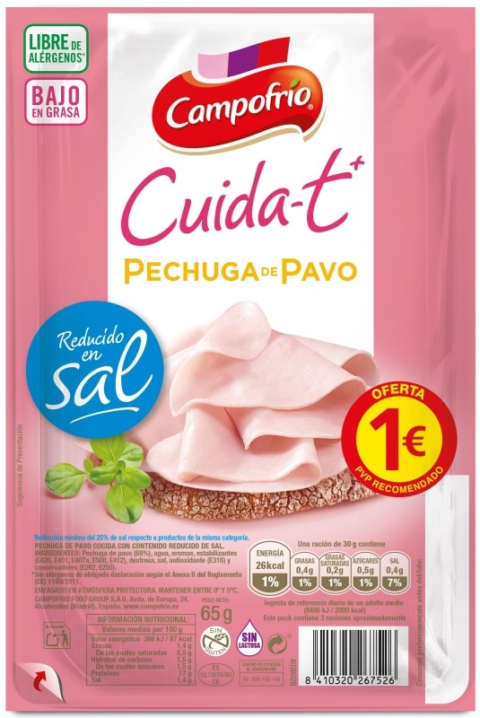 Campofrio Cuida-t+ Pechuga de Pavo Bajo en Grasa, Reducido en Sal 65g Campofrio Cuida-t+ Pechuga de Pavo Bajo en Grasa, Reducido en Sal 65g