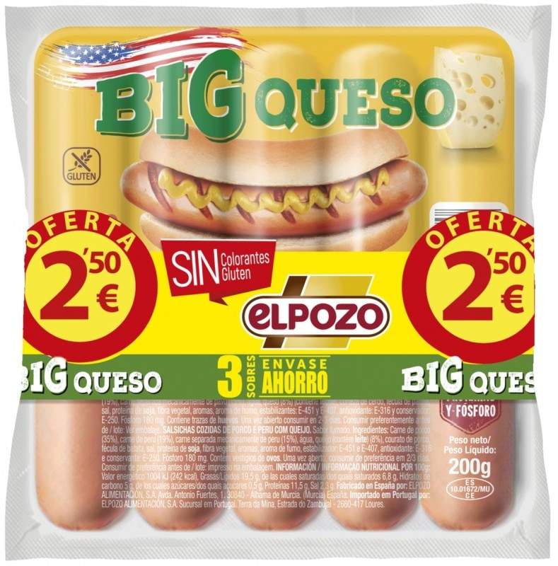 El Pozo Big Queso Salchichas Cocidas con Queso 3x200g