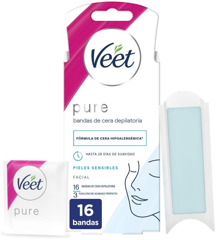 Veet Pure Bandas de Cera Fría Depilación Facial Pieles Sensibles 16 Tiras