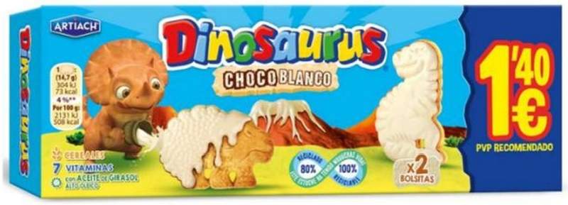 Dinosaurus Galletas Cubiertas de Chocolate Blanco Artiach 88g